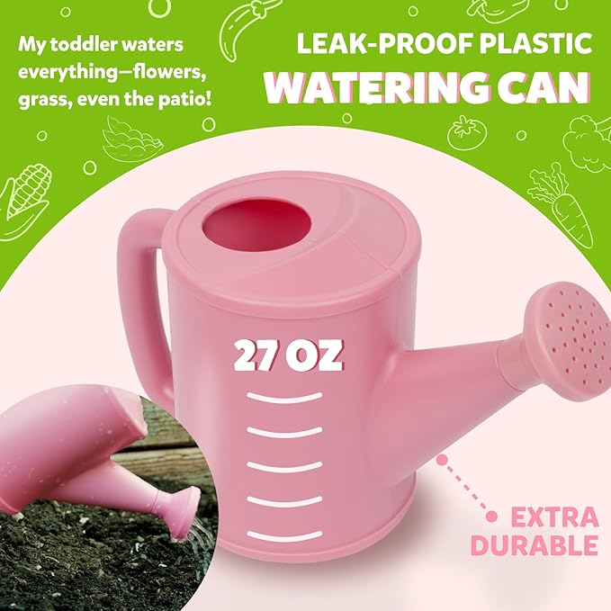 Kids Gardening Set – Toddler Gardening Kit Includes Watering Can for Kids, Shovel, Rake, Plant Stakes, Kids Gardening Gloves, Tote Bag & STEM Learning Gardening Guide Book - Pink Garden Tool Set