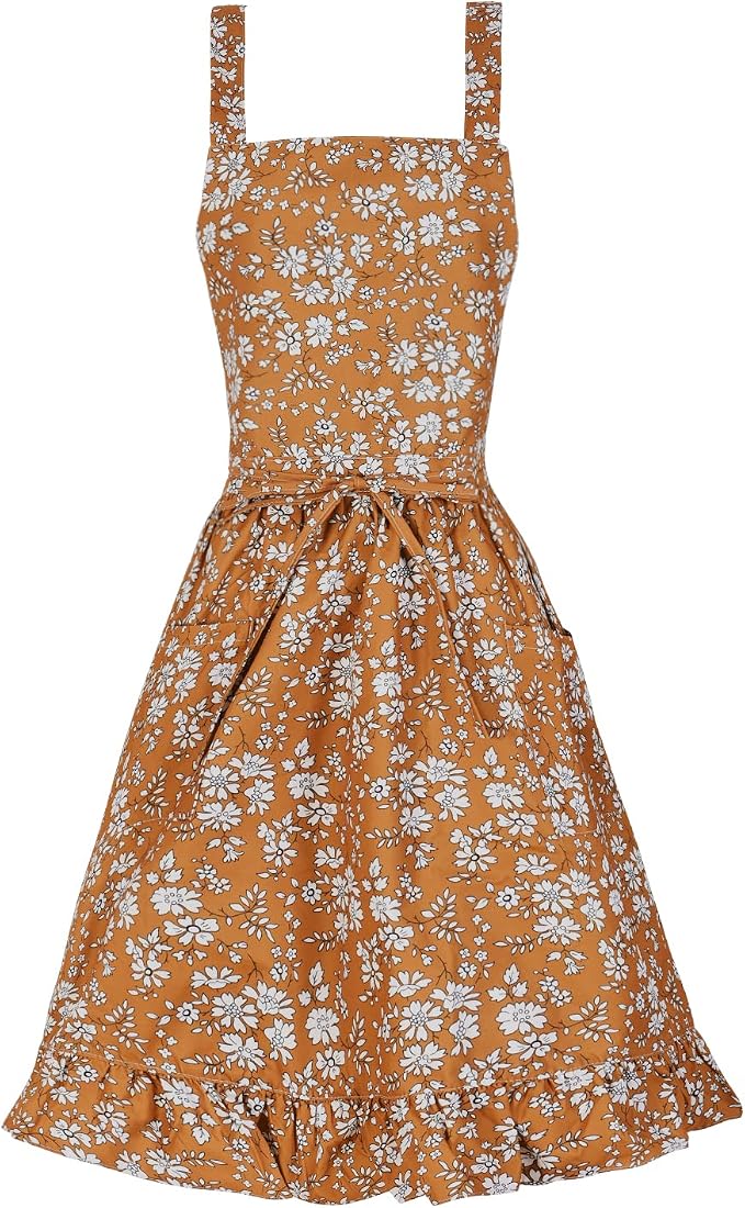Pinknoke Vintage Pinafore Apron Dress for Women with Pockets Cute Floral Chef Aprons for Kitchen Cooking Baking Gardening