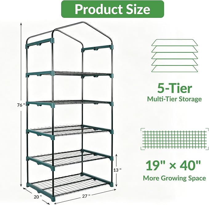 KOL 27x19x76 in PVC Cover 5-Tier Mini Greenhouse, Indoor Outdoor | Portable seed starter plant stand, winter orchid frost protection, apartment balcony patio