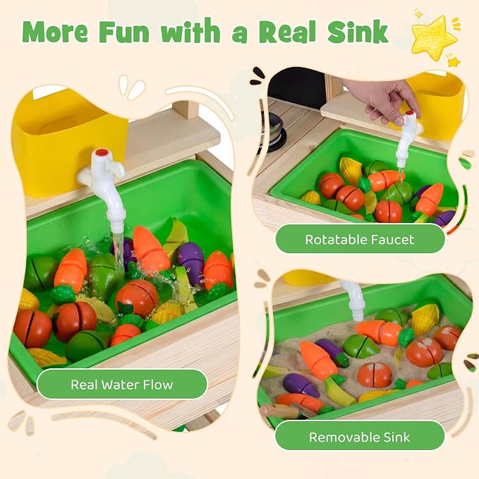 Costzon Mud Kitchen, Wooden Toddler Pretend Cooking Playset w/Runing Water, Blackboard, Water Tank, Faucet, Removable Sink, 4 Planting Pots & Stoves, Outdoor Kids Play Kitchen for Boy, Girl 3+ Years