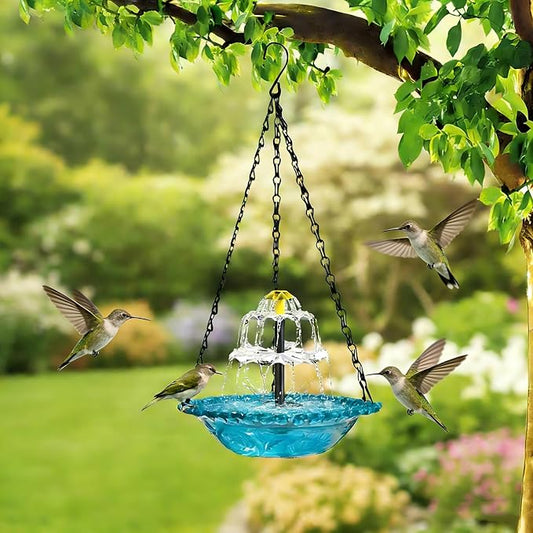 Hanging Solar Bird Bath Fountain EOHMAK Solar Powered Cascading Outdoor Water Fountain, Hanging Bird Bath with Water for Outdoors Garden Patio Backyard Lawn Decor (Blue)