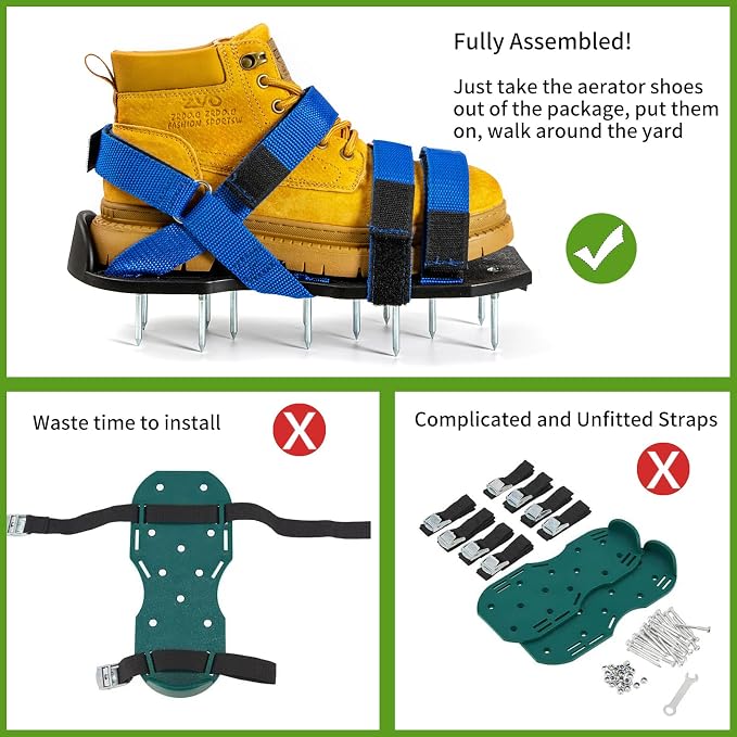 Lawn Aerator Shoes Pre-Assembled, Heavy Duty Lawn Spike Shoes with Adjustable Straps, Soil Aerating Tools for Yard Patio Garden, Includes Cleaning Shovel, Restores Lawn Health (Blue)