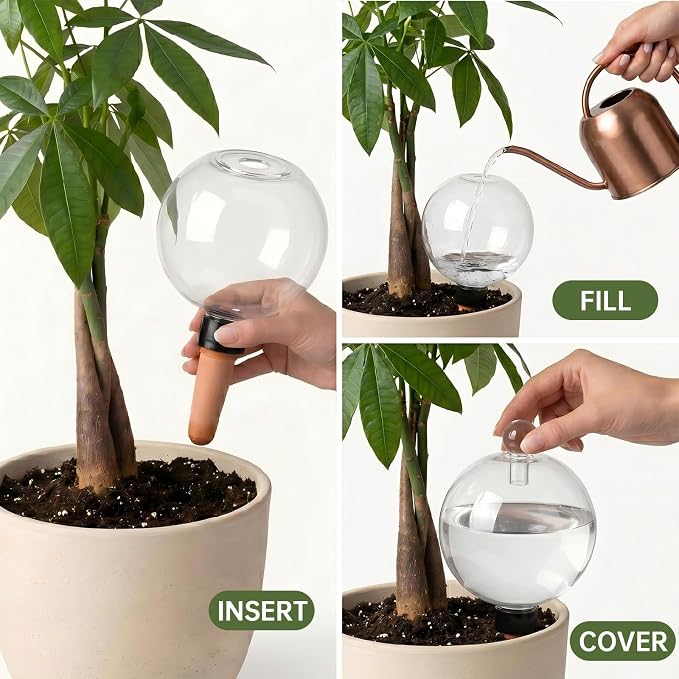 EX-Large Plant Watering Globes with Cover 26oz Top Fill Plastic Water Bulbs Self Watering Planter Inser, Slow Release Terracott, Plant Watering Devices for Plants, 6 Pack