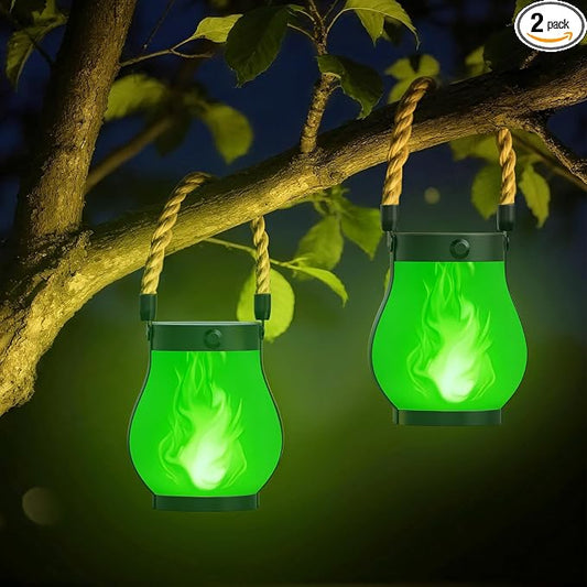 Hompavo Gen2 Solar Lanterns Outdoor with Ultra-Real Flame, Dual Charging (USB/Solar) & 2 Modes - Waterproof Decorative Hanging/Table Lights for Patio Garden Halloween Christmas Decorations, 2/Green