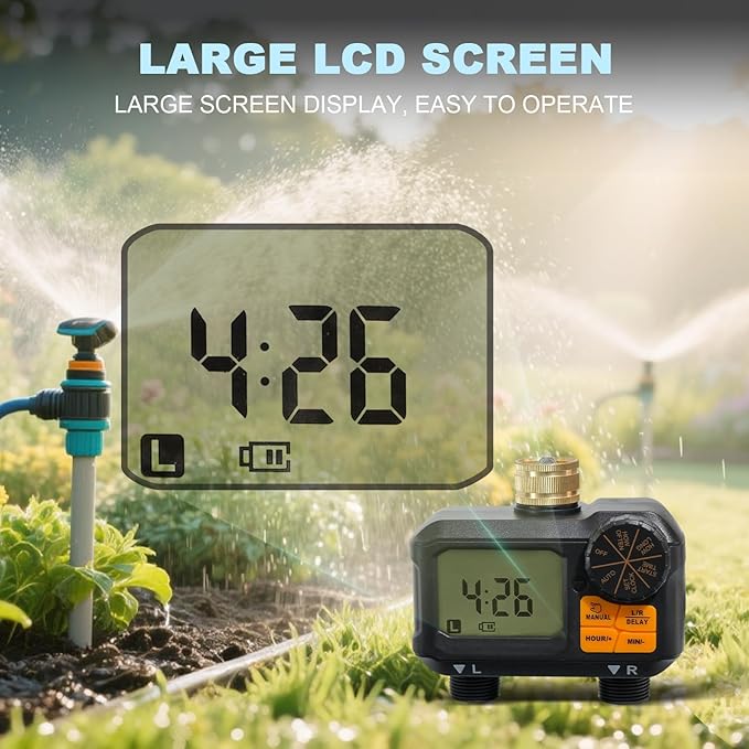 ANDOLL HOME Water Timer for Garden Hose - 2 Zone Timed Sprinkler with Rain Delay/Manual Watering/Automatic Irrigation Programmable Faucet Timer for Yard Lawn (1, Matte-Black)