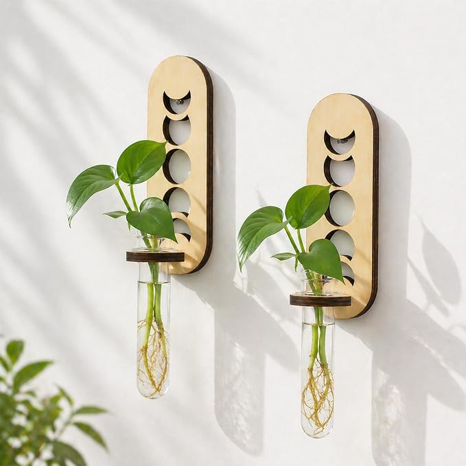 Artilady Plant Propagation Station 2 Pack Wall Hanging Plant Terrarium Holder with Test Tube Wood Window Planter Indoor Decor for Living Room Bedroom Kitchen (Moon Phase)
