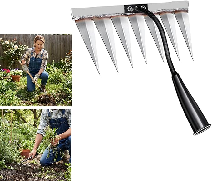 Iron Rake for Weeding, Garden Metal Rake Heavy Duty with 7 Tines, Garden Weeding Rake Tools, Sharp Gardening Weed Rake Tool, Hand Rake Weeder Tool Weed Puller for Backyard Farm Planting Weeding