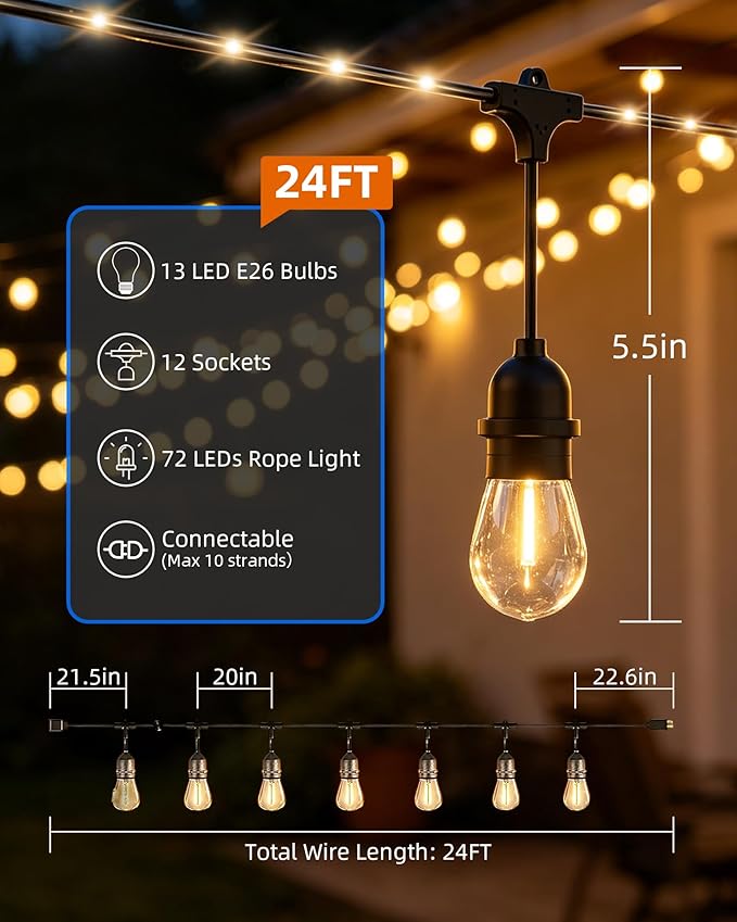 Outdoor String Lights With Lighted Tubing 24 ft, Commercial Grade String Lights with 13 (12+1spare) S14 Edison Bulbs & 72-LED Lighted Tubing, IP65 Waterproof Bistro Light for Patio, 2700K Warm White