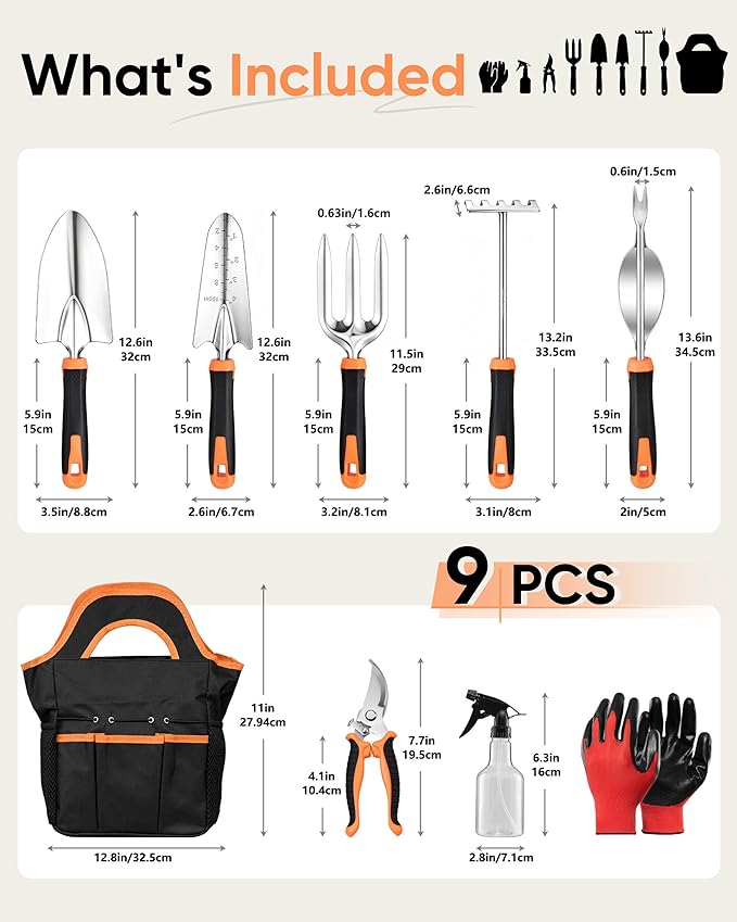 9-Piece Stainless Steel Garden Tools Set, HaSteeL Outdoors Gardening Hand Utensils Kit with Storage Bag, Rust Resistant, Heavy Duty, Gift for Women/Man/Gardeners