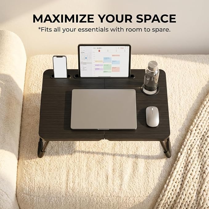 BUYIFY Foldable Laptop Bed Desk for Couch, Sofa - Large Lap Desk Tray Table with Cup Holder and Tablet Slot - Portable Notebook Stand for Eating, Writing, Studying and WFH (Black)-USA Original Patent