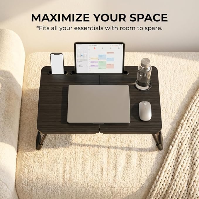 BUYIFY Foldable Laptop Bed Desk for Couch, Sofa - Large Lap Desk Tray Table with Cup Holder and Tablet Slot - Portable Notebook Stand for Eating, Writing, Studying and WFH -NEW-006-USA Original Patent