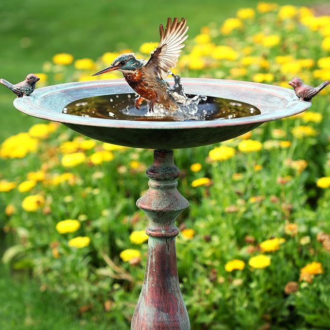 Newtay 27.25 Ornate Metal Pedestal Style Birdbath with Cast Iron Vintage Birds Baths for Outdoors on Rim Full Base Standing Bird Bath Tray for Garden Yard Decoration, Green, Not Easy to Rust