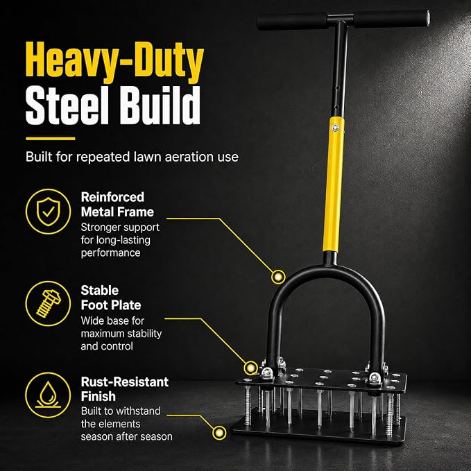 Manual Lawn Aerator Tool with 15 Spikes, 32"-35" Adjustable T-Handle,15-Spike Grass Aerator for Yard Care