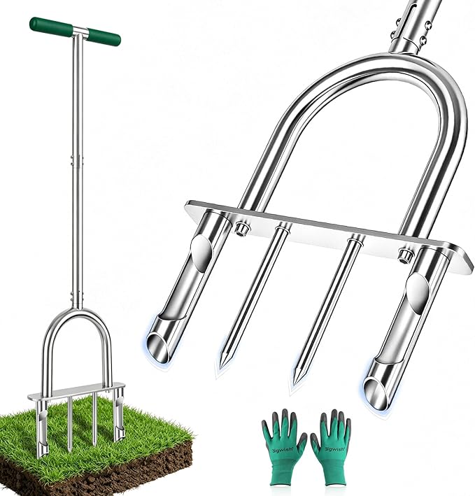 Manual Lawn Core Aerator Tool with 2 Hollow Tines & 2 Spikes, Adjustable Semi-Assembled Plug Aerator, Stainless Steel Grass Aerator for Lawn Care, Garden & Yard, Relieves Compacted Soil