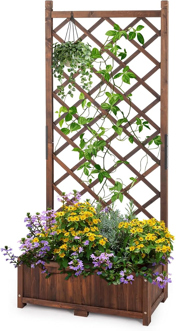 Wood Planter Raised Garden Bed with Trellis, 67 Inch Height Outdoor Garden Flower Standing Planter Box Lattice Panels with Planter for Patio Porch with Drainage Holes, Brown