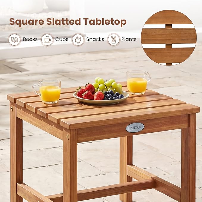 Tangkula Patio Acacia Wood Side Table, 17" Square End Table with Slatted Tabletop, Outdoor Wooden Accent Bistro Table for Backyard, Poolside, Garden, Porch, Indoor (Natural,1)