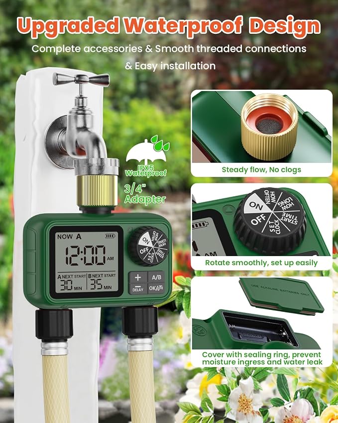 Water Timer for Outdoor Garden Hose, Sprinkler Timer for Garden Faucet with Auto/Manual/Rain Delay Mode, Sprinkler Irrigation Controller for Yard Lawn (2 Zones Brass Inlet & Outlet)