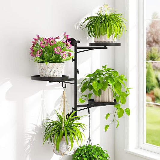 iDavosic.ly Rotating Window Plant Shelves, 3-Tier Metal Wall Stand with 2 Hooks, Flower Display Holder Rack for Living Room, Space Saving, Modern Black (Pots/Chains/Plants Not Included)