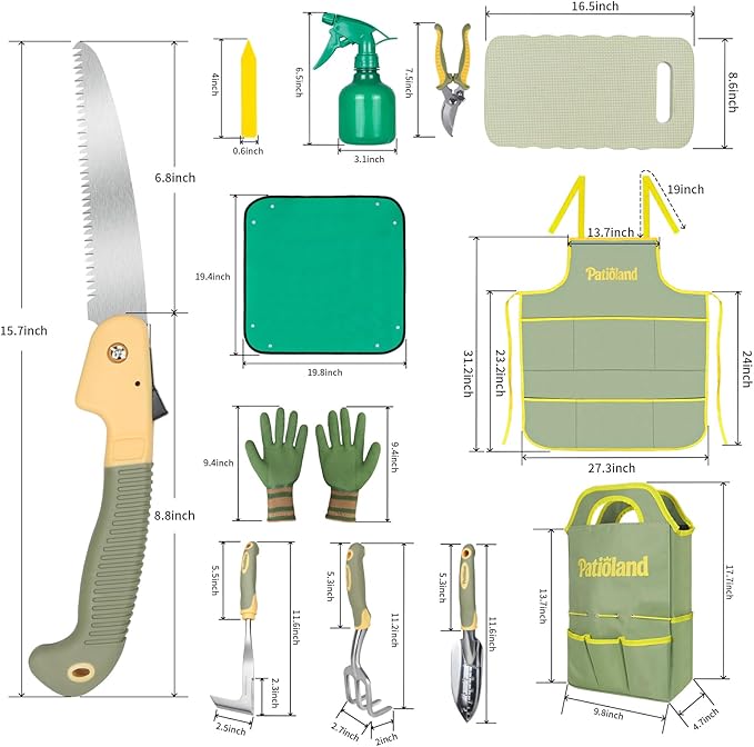 Garden Tool Set 26 Piece, Ergonomic Non-Slip Gardening Kit with Pruning Saw, Shovel, Rake, Weeder, Shears, Apron, Kneeling Pad, Repotting Mat & Tote Bag, Perfect Gardening Gift for Gardener, Green