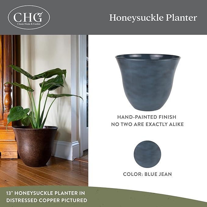 Classic Home and Garden by Growscape Honeysuckle Resin Planters - Lightweight Indoor & Outdoor Plant Pots - UV-Resistant Plastic Flower Pots - Pot Planters for Flowers & Herbs (15" Blue Jean)