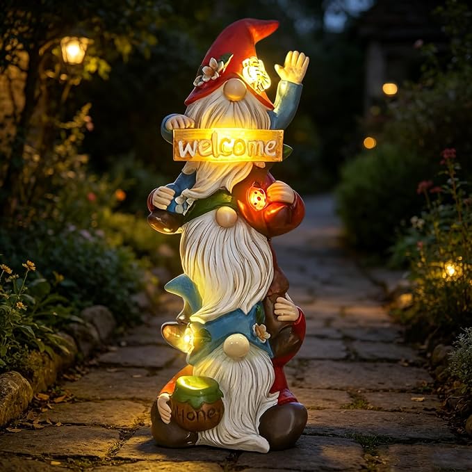 Garden Gnome Statue Solar Lights, Funny Faceless Triple Gnomes Sculptures Spring Decorations Outdoor Porch Patio Lawn Yard Art Balcony Home Decor Figurine, Birthday Gifts for Woman Mom Grandma
