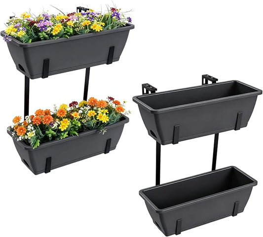 Rectangle Planters Box, 4 Pack Deck Hanging Planters for Railings, Window Box Planter with Drainage Holes & Trays, 16.9 Inch Balcony Planters Railing Hanging with Metal Brackets, Grey