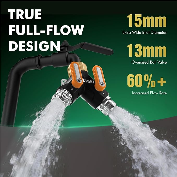 RESTMO 2 Way Garden Hose Splitter Heavy Duty Full Metal Body, Full Flow Design with Oversized Ball Valve, Y Outdoor Faucet Spigot Adapter with Extended Levers, 3/4" GHT Thread - Orange 1 Pack