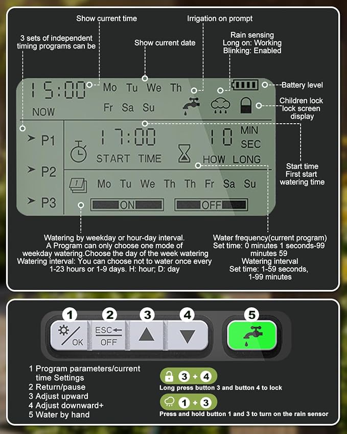 Sprinkler Timer with Brass Valves, Programmable Hose Timer for Garden & Lawn, Digital Watering System with Rain Delay & Manual Override, for Soaker Hoses, Drip Irrigation, Yard Care (Clear)