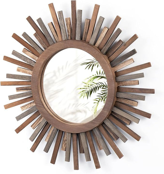 18 Inch Boho Sunburst Mirror, Decorative Rustic Farmhouse Wall Decor for Living Room, Bedroom, Bathroom, Hallway - Tricolor Wood Frame