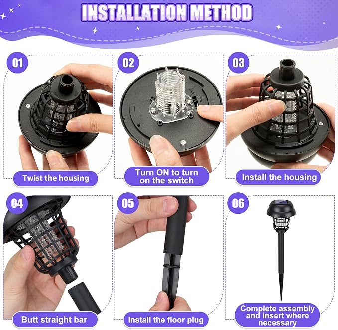Qualirey 12 Pcs Solar Mosquito Zapper Outdoor Waterproof Solar Powered Bug Zapper Outdoor Mosquito Killer Lamp Trap Repellent Light for Garden Yard Insect (Purple and Colorful Light,Black)