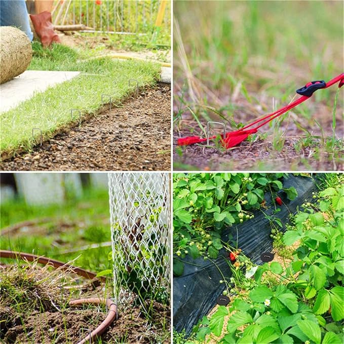 Garden Pegs Pins Gardening Stakes Landscape Staples Ground Anchor Peg U Shape Steel Nail Pins for Artificial Grass Sod Weed Membrane Grass Fabric Netting, 15 Pack