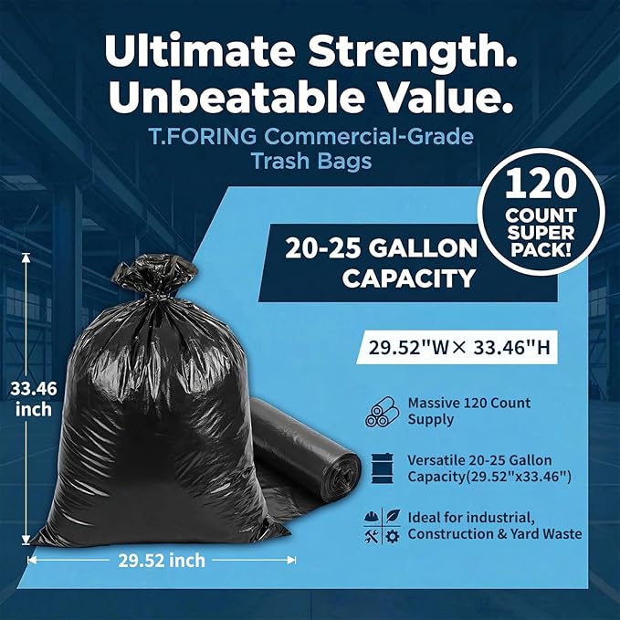 20-25 Gallon Trash Bags Unscented, 30'' x 33'', Black, 120 Count | Large 20+ Gal Garbage Bag,Plastic Can Liners,Fit 75 - 93 Liter Bins,Multipurpose for Home, Office, Daily Household Use
