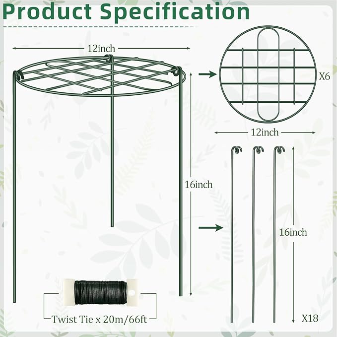NNG 6 Pack Peony Cages and Supports 12 x 16 Inch Grow Through Plant Supports for Outdoor Plants,Plant Brace Flower Support Rings Hoops for Vegetables,Rose,Tomato,Orchids