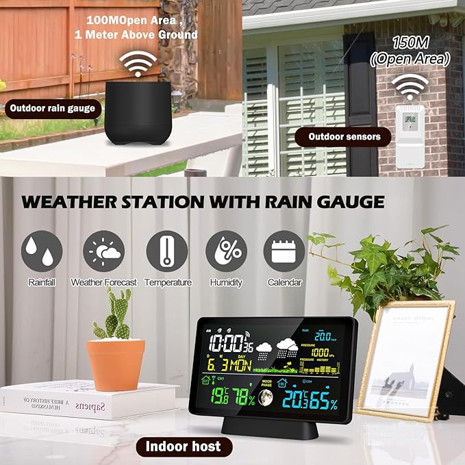 Wireless Rain Gauge and Weather Station, Digital Rain Gauge Outdoor Home Weather Stations with Thermometer, Hygrometer, Atomic Clock, Forecast and Barometer, Weather Station with Rain Gauges