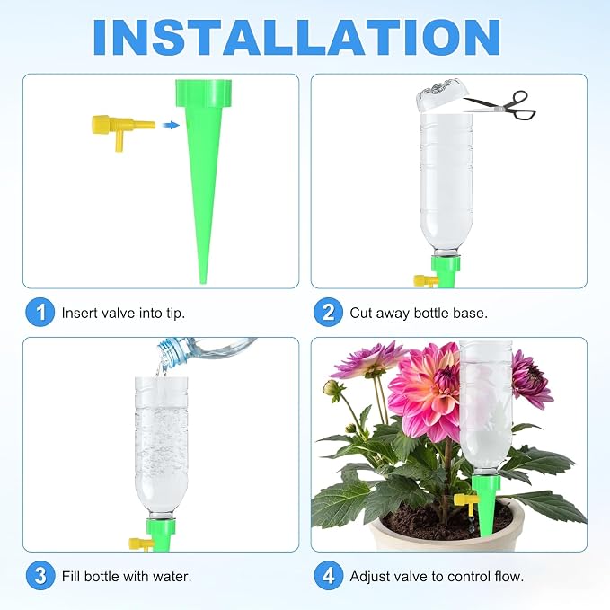 M METERXITY 8-Pack Self Watering Spikes for Plants, 4.3 Inch Plastic Plant Watering Devices with 8 Regulators for Indoor/Outdoor Pots, Garden Water Planter System [Green]