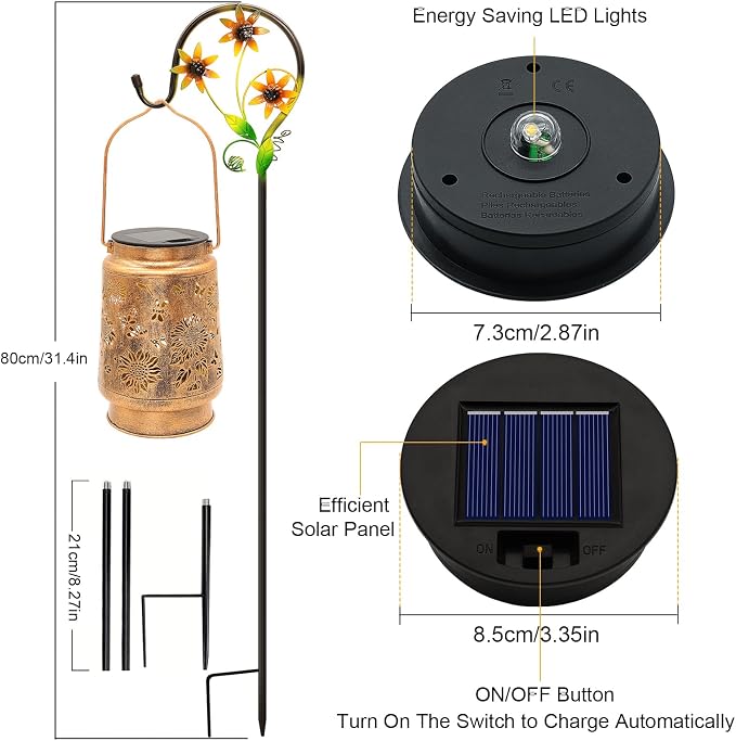 2 Pack Sunflower Solar Lanterns Garden Decor, Birthday Gifts for Women Mom Grandma, Metal Hanging Solar Lights Outdoor Waterproof LED Decoration with Shepherd Hook Outside for Yard Patio Lawn Porch