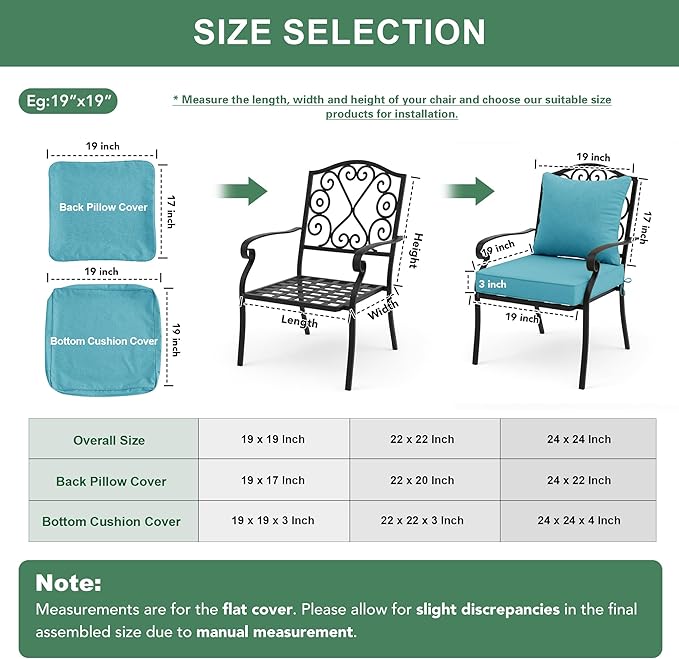Summsun Faux Linen Outdoor Chair Cushions, Water Resistant Backrest and Deep Seat Cushion Set with Removable Cover, Straps, Non-Slip Bottom for Patio Furniture, 22 x 22 Inch, Teal