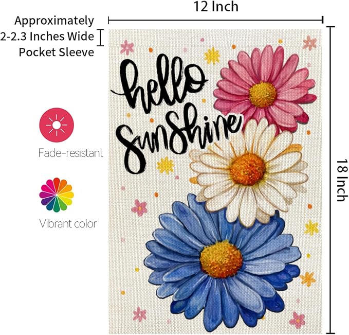 CROWNED BEAUTY Hello Sunshine Garden Flag Daisy Spring Summer 12x18 Inch Double Sided Small Seasonal Holiday Floral Farmhouse Decoration for Outside Yard