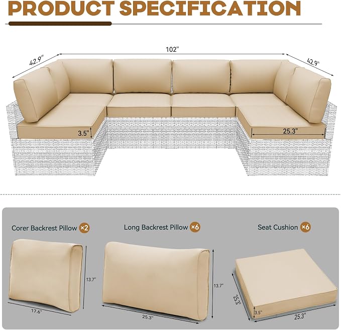Outdoor Replacement Cushions for Patio Furniture,Water-Resistant Sofa Cushion for Rattan Wicker Sectional Patio Conversation Sets,14-Piece Outdoor Couch Cushion, Khaki