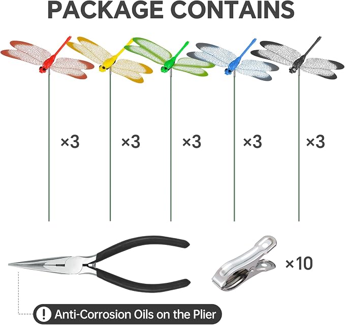 NiHome 15PCS Decorative Dragonflies Clips Decor for Garden, 9.8" Long Multicolor Waterproof Outdoor & Indoor Use, Versatile Clip-On Plant Decoration, Includes Pliers for Easy Attachment