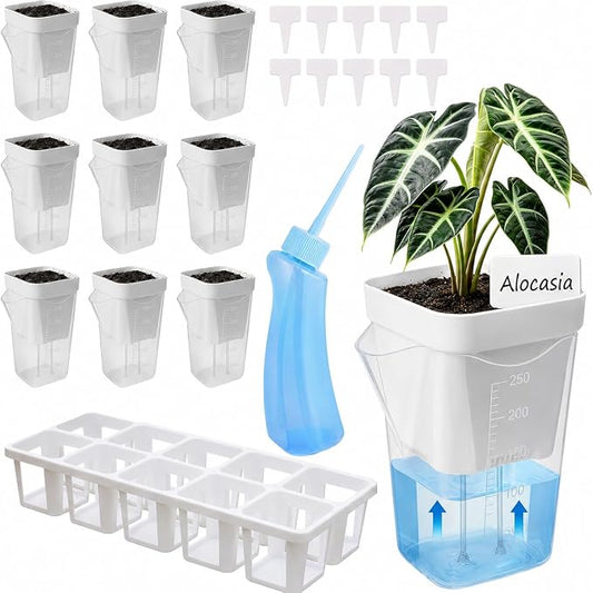 10 Pack 2.5" Self Watering Pots for Indoor Plants with Anti-Tip Tray & Reservoir Refill Bottle, Seed Starter Kit for Seedlings, Cuttings, Succulents, Herbs