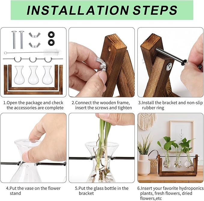YIBOT Propagation Stations,Plant Terrarium with Wooden Stand-3 Glass Vases | Unique Gardening Birthday Gifts for Women Mom Plant Lovers, Indoor Hydroponics Plants Home Office Garden Desk Decor