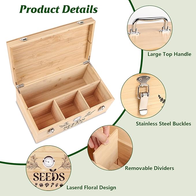 Seed Storage Organizer Box with Built-in Hygrometer, Natural Bamboo Seed Saving Box with Seal Design Lid, Safety Lock & Solid Handles, Extra Seed Envelopes and Labels – Great Gift for Gardeners (Wood)