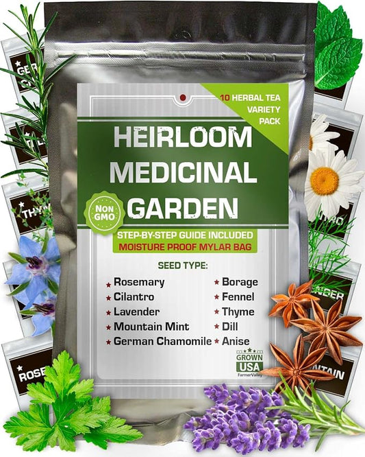 10 Medicinal Herb Seeds - Heirloom, Non GMO, USA Made - 2050 Most Needed Herbal and Medical Tea Seeds Pack for Planting Indoors and Outdoors - Lavender, Mountain Mint, Chamomile & More