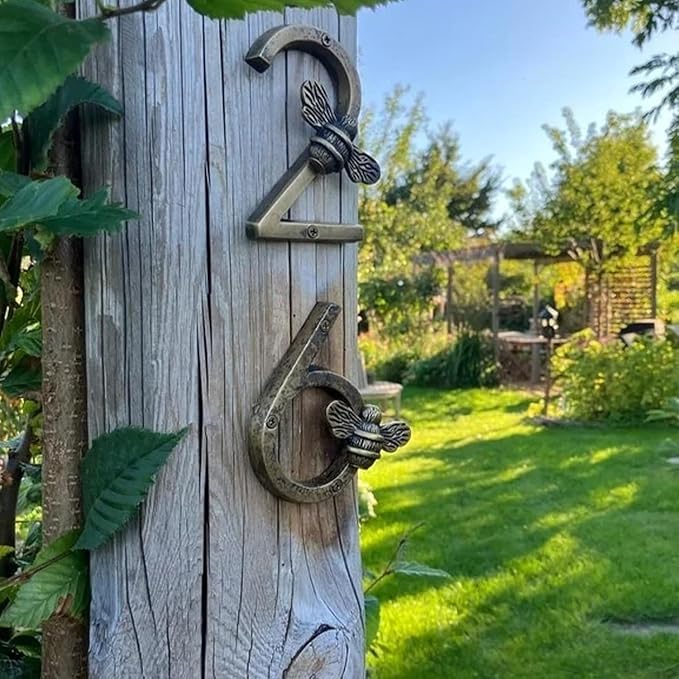 Bee House Number Sign, Antique Brass Finish, Decorative Metal Address Numbers for Door or Wall (Gold, 3)