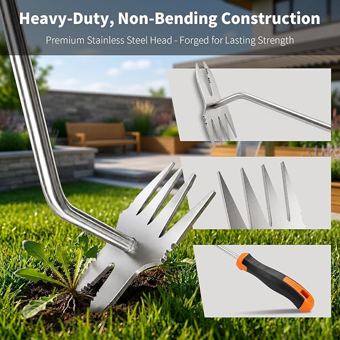 Hand Weeder Tool, Heavy Duty Stainless Steel Garden Weed Puller with 4-Tine & Root Removal Fork, Deep Root Weed Remover for Dandelion, Crabgrass & Thistle, Weeding Tool for Lawn Yard Farm (Orange)