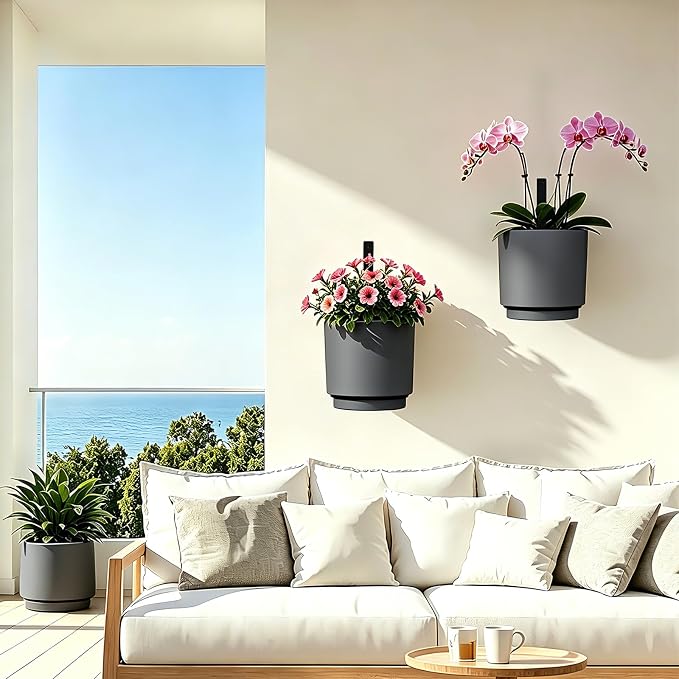 2 Pcs Wall Mounted Hanging Planter Vase for Indoor Outdoor Plants,Modern Metal Wall and Ceiling Hanging Flower Pot with Removable Flower Pot,Minimalist Decor for Herbs Succulents Flowers,5.9Inch,Grey