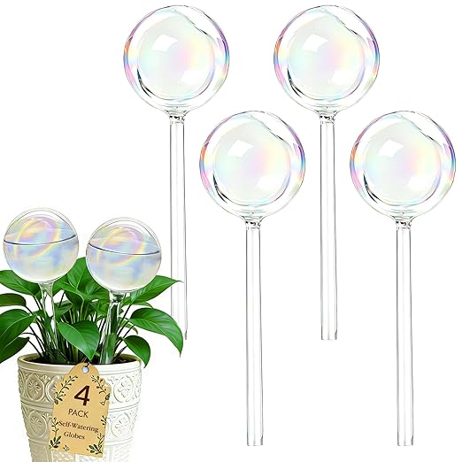 Plant Self Watering Globes - Large 4pcs, Iridescent Glass Rainbow Plant Watering Device for Indoor Plants, Automatic Plant Waterer with Slow Release, Self Watering Planter Insert for Holiday Daily Use