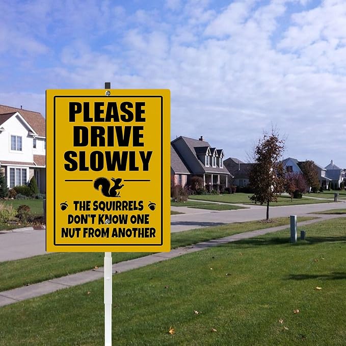 Please Drive Slowly Squirrel Yard Sign With Stake Reflective Aluminum Rustproof Caution Slow Down Wildlife Safety Sign Stand For Home Street Neighborhoods Decorations Outdoor (8x12) IN