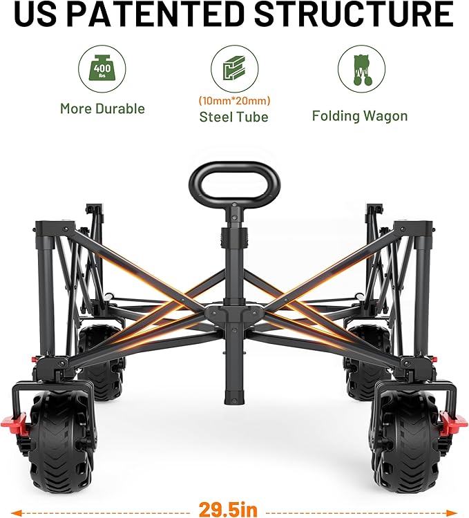 TIMBER RIDGE 600L Beast Wagon 26" W Extra Wide All Terrain Folding w/Big Wheels, Cargo Net & Tailgate, 400lbs Heavy Duty Portable Cart 54.5" L Large Collapsible Wagons for Camping, Sports, Dogs, Green